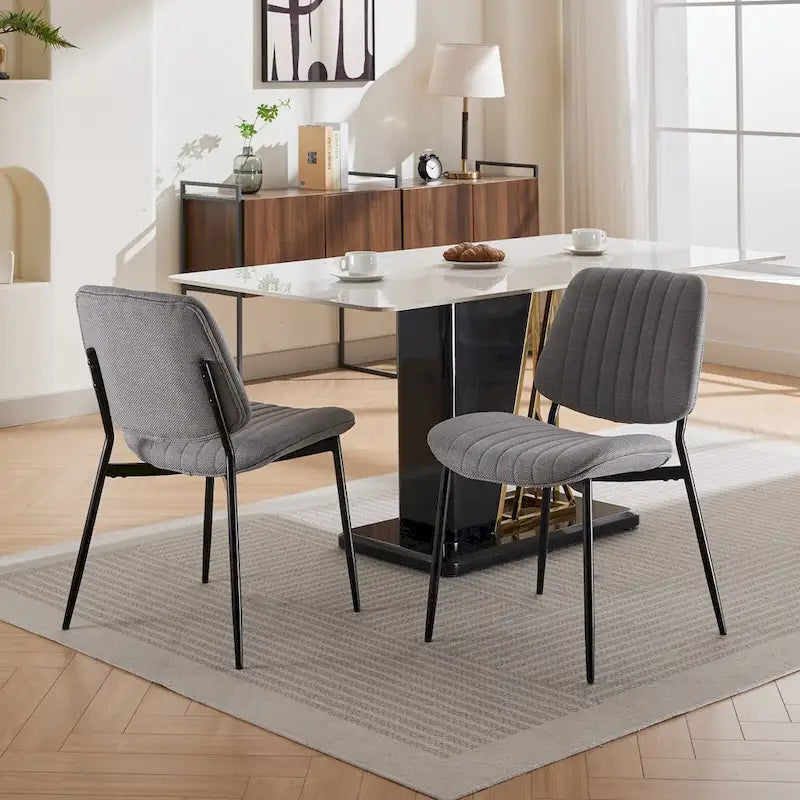 Lot de 2 chaises de salle à manger en lin avec pieds en métal, dossier incurvé, chaise d'appoint pour salon/salle à manger