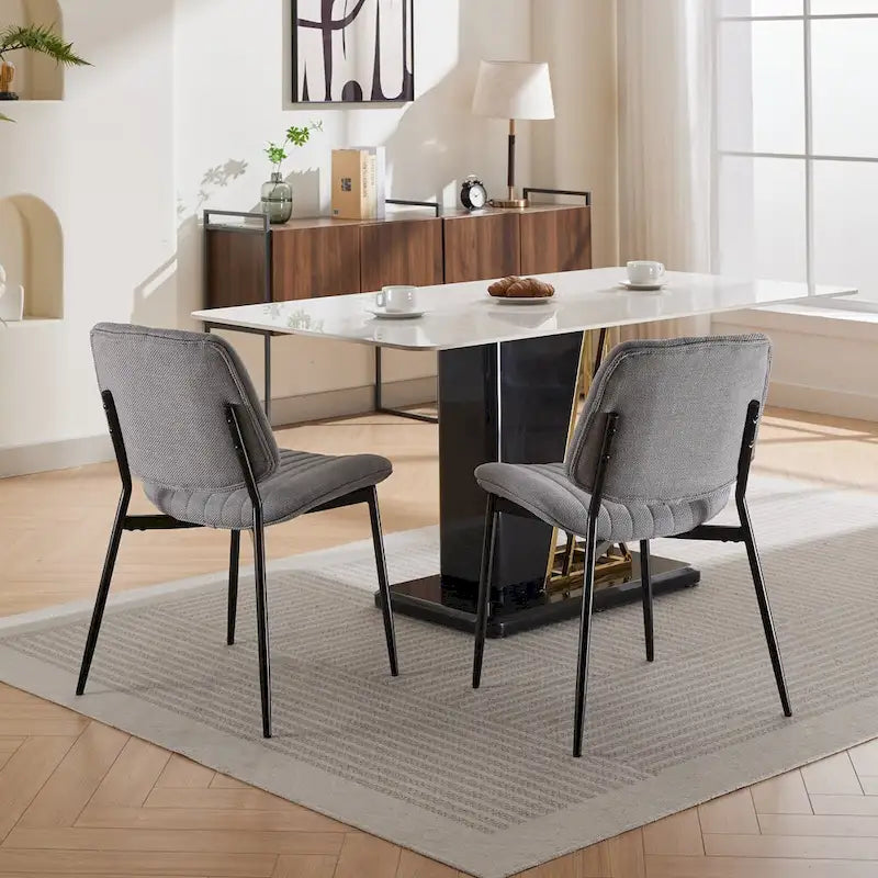 Lot de 2 chaises de salle à manger en lin avec pieds en métal, dossier incurvé, chaise d'appoint pour salon/salle à manger