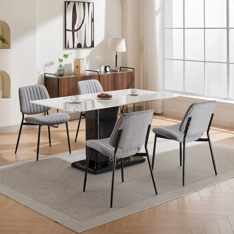 Lot de 2 chaises de salle à manger en lin avec pieds en métal, dossier incurvé, chaise d'appoint pour salon/salle à manger
