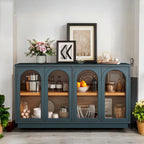 Grand buffet à 4 portes avec rangements, portes vitrées, étagères réglables et design arqué pour cuisine, salle à manger