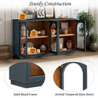 Grand buffet à 4 portes avec rangements, portes vitrées, étagères réglables et design arqué pour cuisine, salle à manger