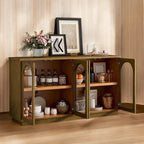 Grand buffet à 4 portes avec rangements, portes vitrées, étagères réglables et design arqué pour cuisine, salle à manger