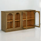 Grand buffet à 4 portes avec rangements, portes vitrées, étagères réglables et design arqué pour cuisine, salle à manger