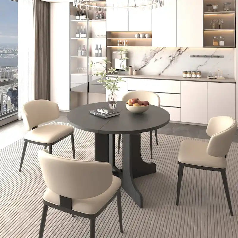 Table à manger ronde moderne avec plateau extensible et piètement en X pour les dîners de famille, les petits espaces et les aménagements multi-scènes