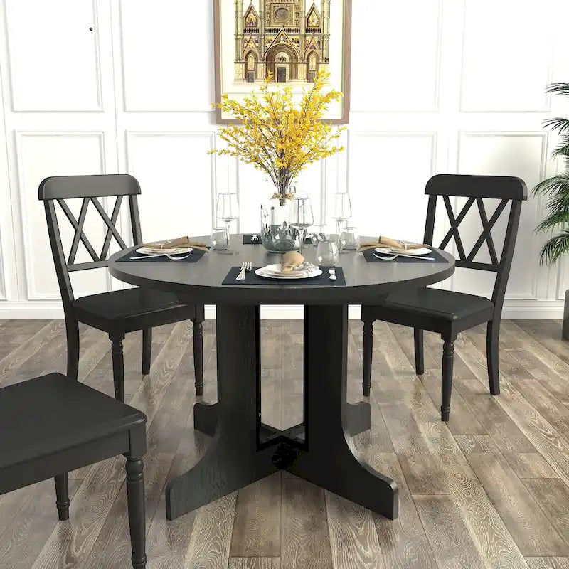 Table à manger ronde moderne avec plateau extensible et piètement en X pour les dîners de famille, les petits espaces et les aménagements multi-scènes