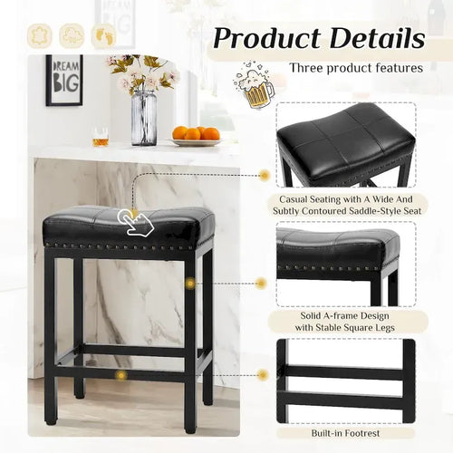 Tabourets de bar rembourrés en cuir PU épais de 24 po de hauteur, lot de 2, chaises de cuisine avec base en métal