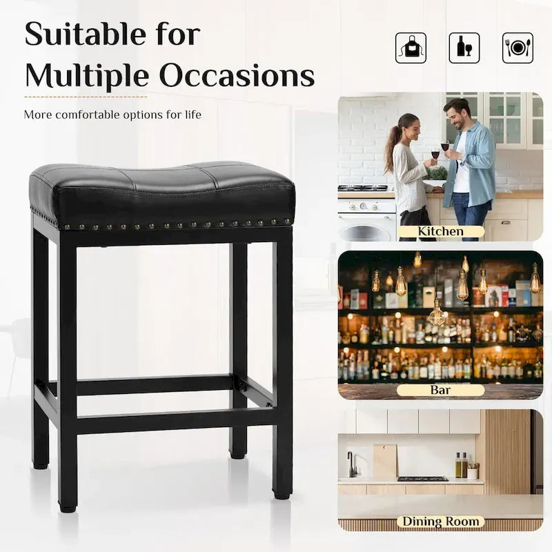 Tabourets de bar rembourrés en cuir PU épais de 24 po de hauteur, lot de 2, chaises de cuisine avec base en métal