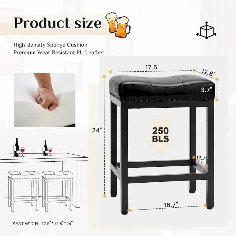 Tabourets de bar rembourrés en cuir PU épais de 24 po de hauteur, lot de 2, chaises de cuisine avec base en métal