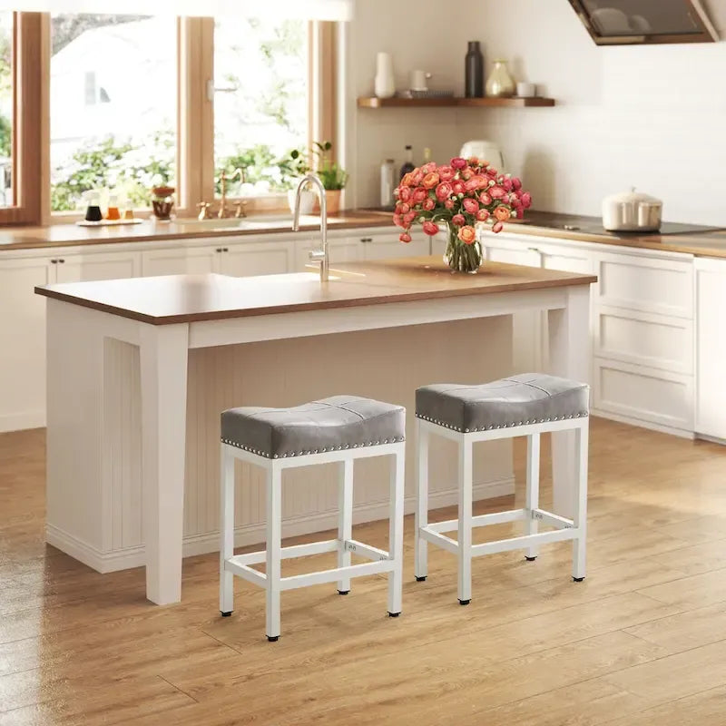 Tabourets de bar rembourrés en cuir PU épais de 24 po de hauteur, lot de 2, chaises de cuisine avec base en métal