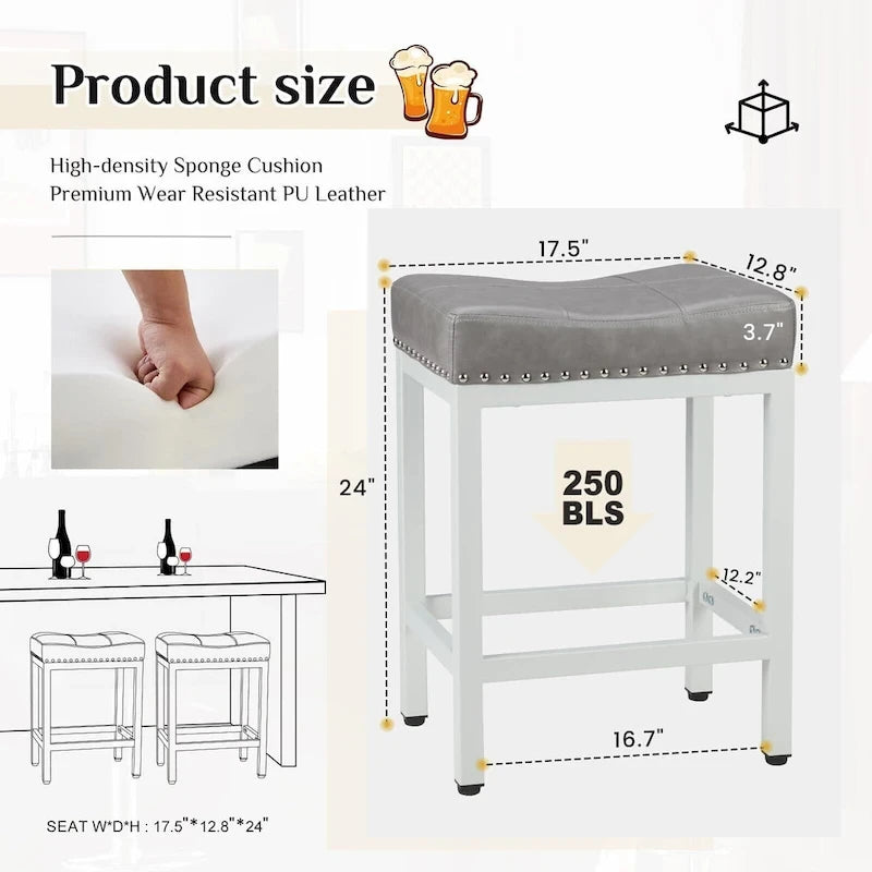 Tabourets de bar rembourrés en cuir PU épais de 24 po de hauteur, lot de 2, chaises de cuisine avec base en métal