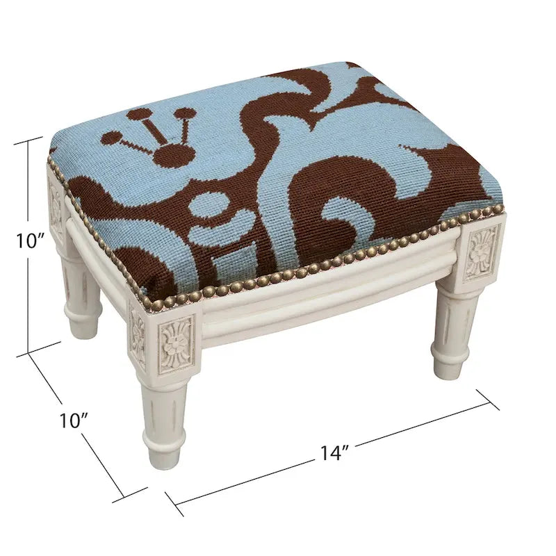 Repose-pieds tapisserie motif floral damassé bleu et marron