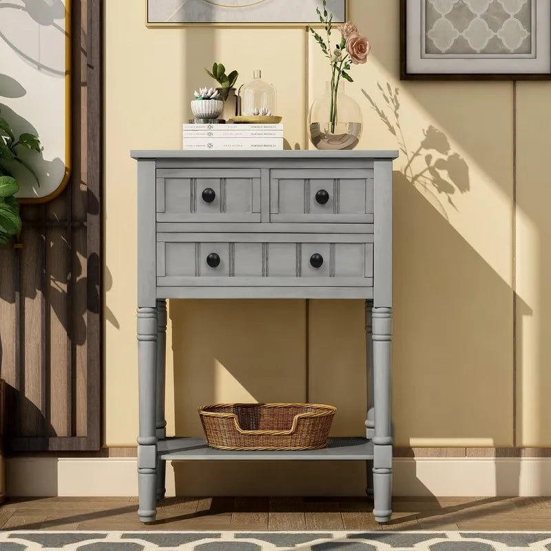 Console étroite avec trois tiroirs de rangement et une étagère inférieure