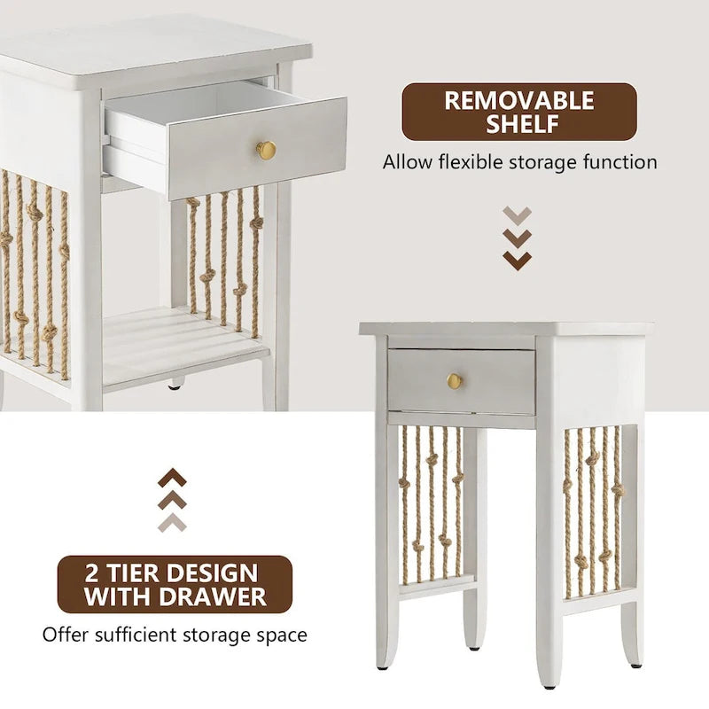 Table d'appoint blanche vieillie COSIEST avec tiroir - 14P x 18L x 26,4H