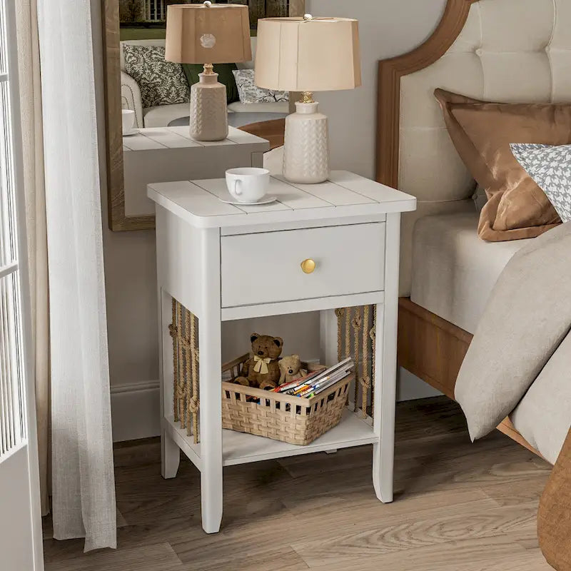 Table d'appoint blanche vieillie COSIEST avec tiroir - 14P x 18L x 26,4H
