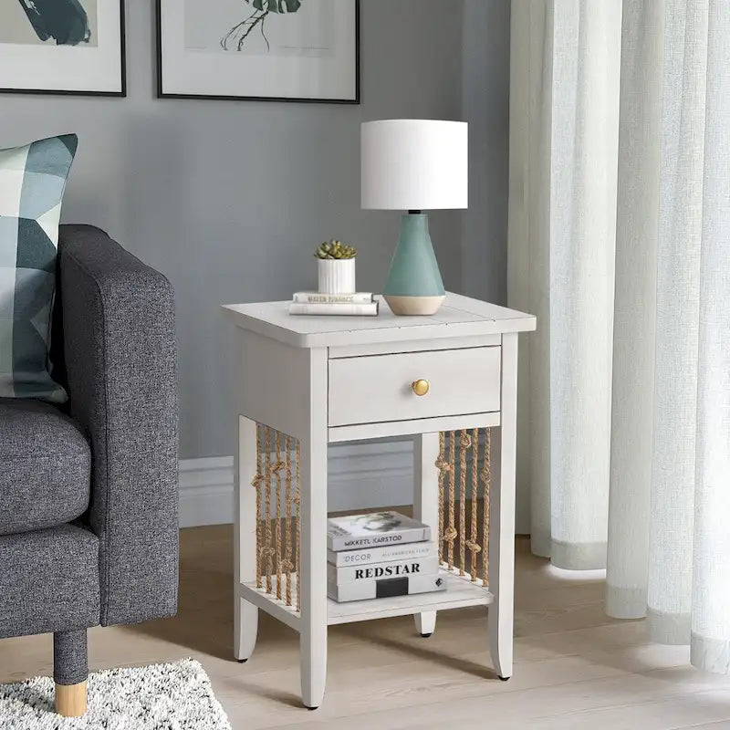 Table d'appoint blanche vieillie COSIEST avec tiroir - 14P x 18L x 26,4H