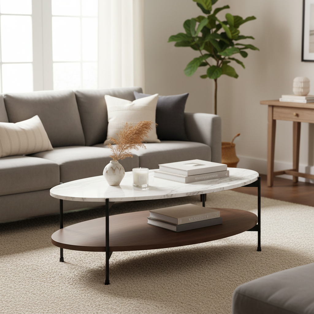 Table basse ovale avec plateau en marbre blanc et étagère en bois brun foncé