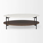 Table basse ovale avec plateau en marbre blanc et étagère en bois brun foncé