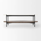 Table basse ovale avec plateau en marbre blanc et étagère en bois brun foncé