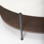 Table basse ovale avec plateau en marbre blanc et étagère en bois brun foncé