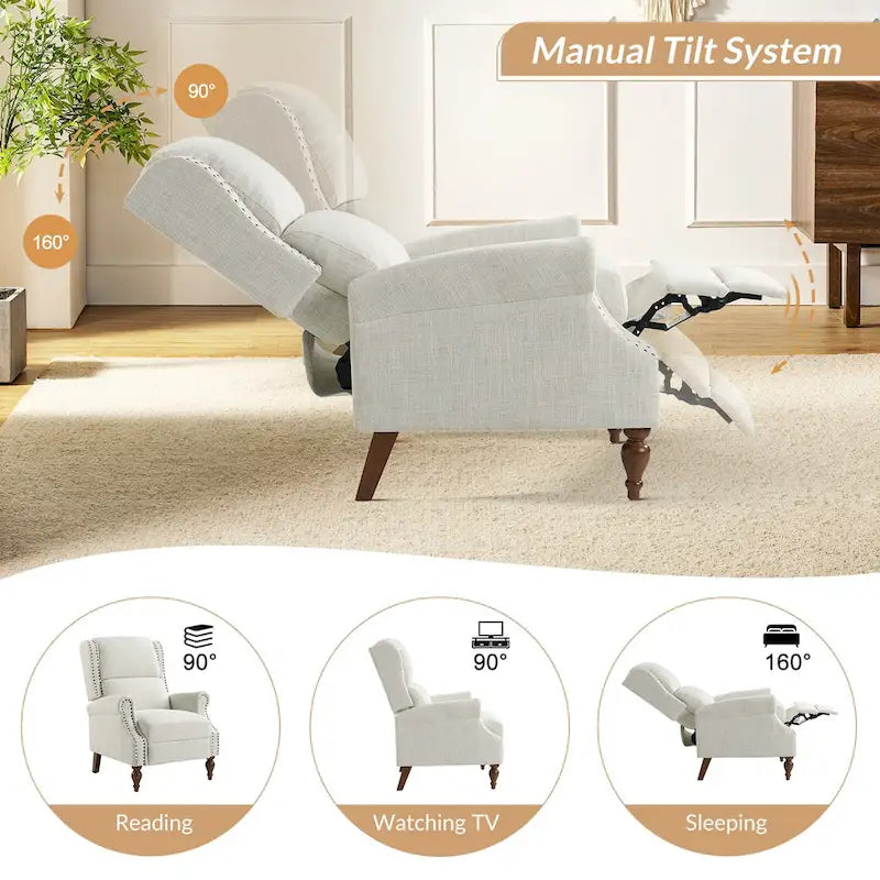 Fauteuil inclinable manuel traditionnel à enroulement, pieds en bois massif, ensemble deux pièces