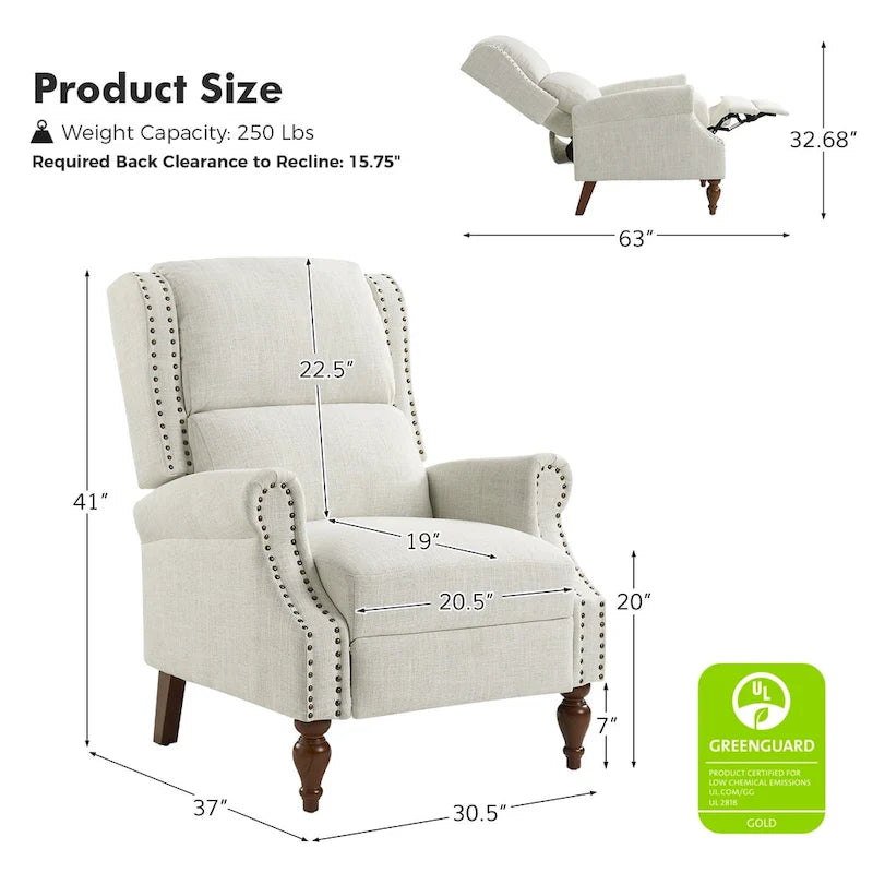 Fauteuil inclinable manuel traditionnel à enroulement, pieds en bois massif, ensemble deux pièces