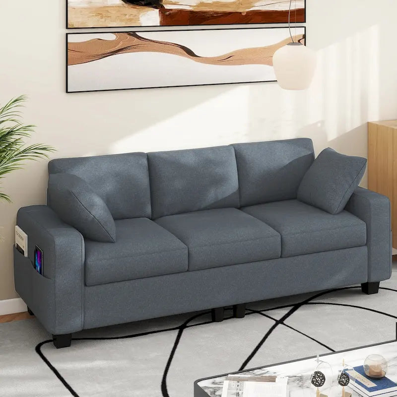   80 3-seater Upholstered Sofa 2 Pillows Couches with Side Pockets for Living Room