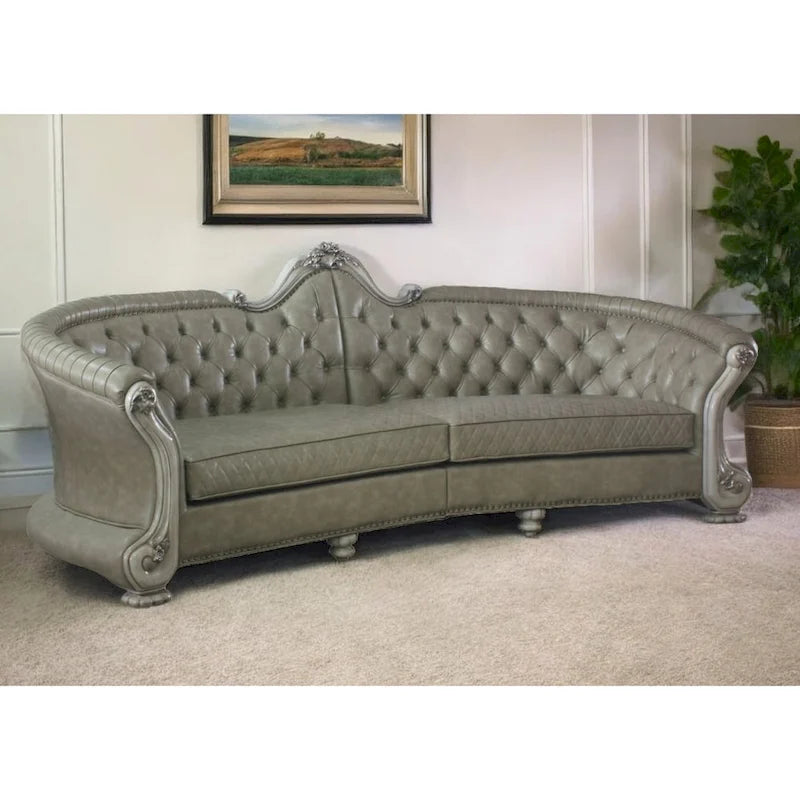   113 Bone Faux Leather Sofa And Toss Pillows With White Legs - 113