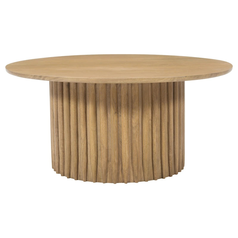 Table basse, plateau rond de 34 pouces avec base cannelée en bois de manguier brun naturel