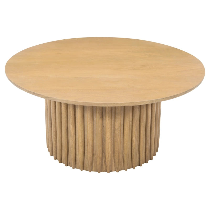 Table basse, plateau rond de 34 pouces avec base cannelée en bois de manguier brun naturel