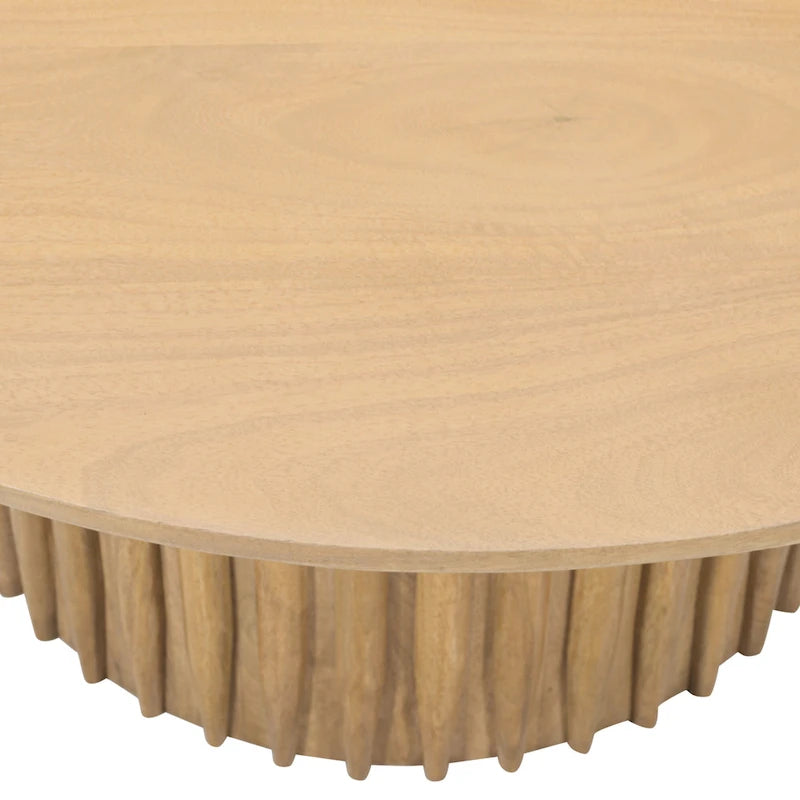 Table basse, plateau rond de 34 pouces avec base cannelée en bois de manguier brun naturel