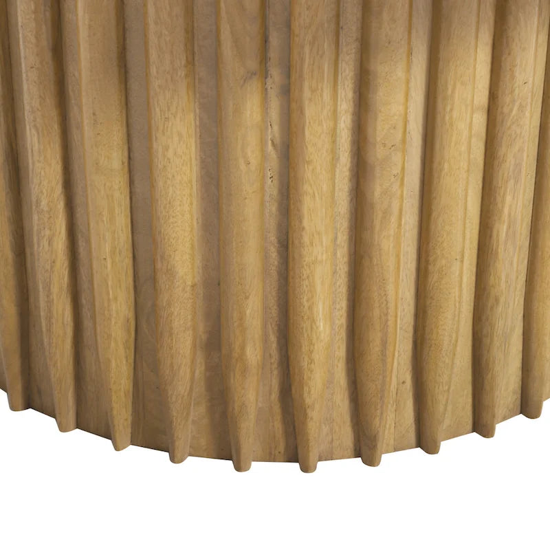 Table basse, plateau rond de 34 pouces avec base cannelée en bois de manguier brun naturel