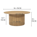 Table basse, plateau rond de 34 pouces avec base cannelée en bois de manguier brun naturel