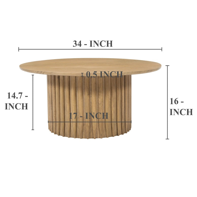 Table basse, plateau rond de 34 pouces avec base cannelée en bois de manguier brun naturel