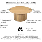 Table basse, plateau rond de 34 pouces avec base cannelée en bois de manguier brun naturel