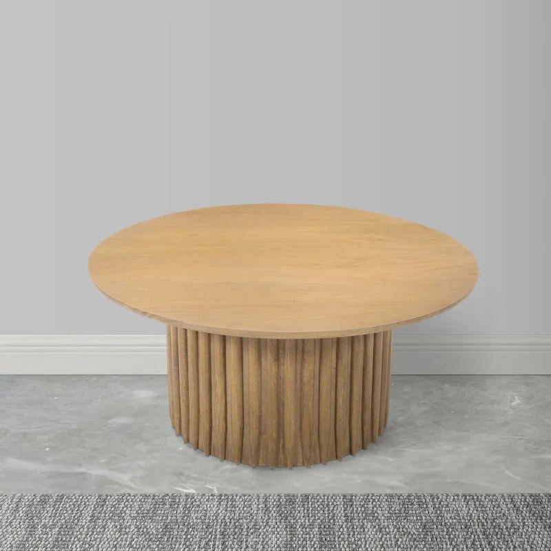 Table basse, plateau rond de 34 pouces avec base cannelée en bois de manguier brun naturel