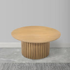 Table basse, plateau rond de 34 pouces avec base cannelée en bois de manguier brun naturel
