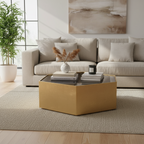 Table basse hexagonale moderne en bois doré avec plateau en verre - 48 x 42 x 16