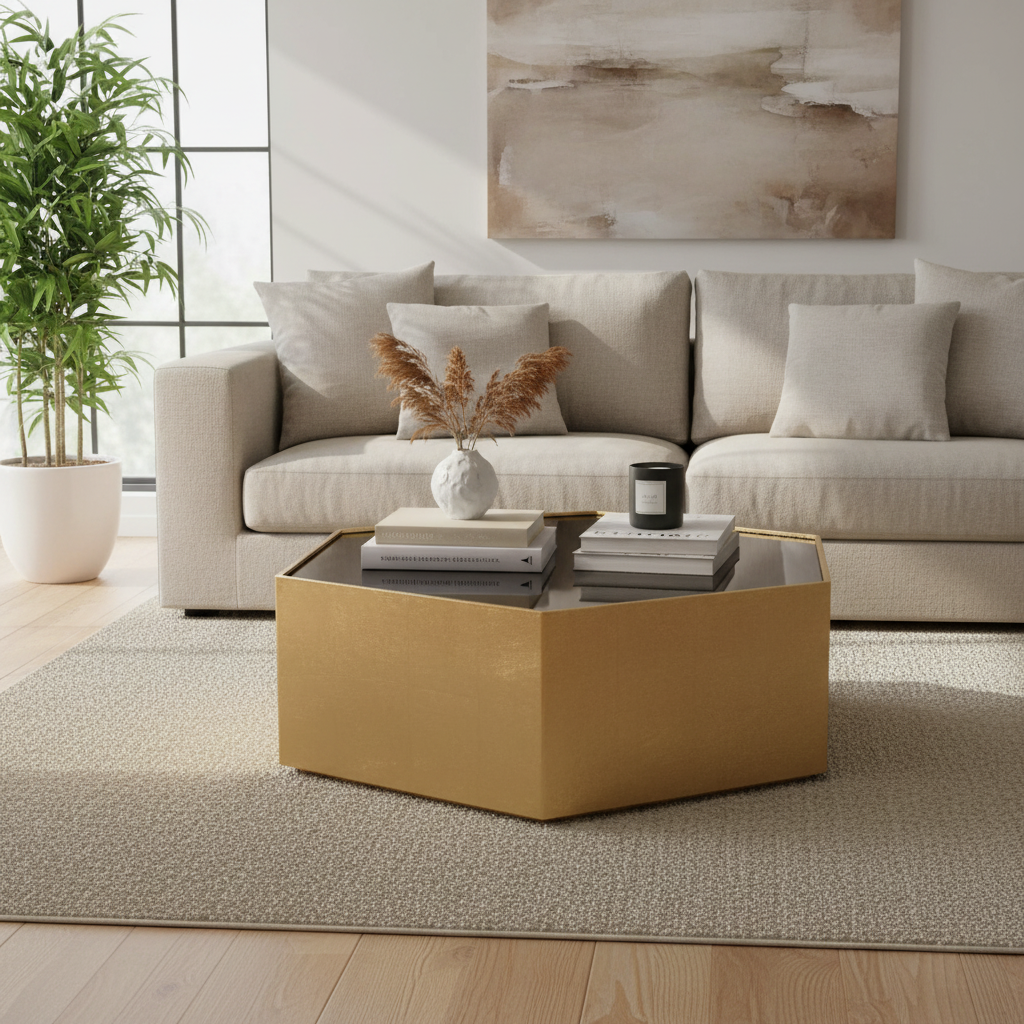 Table basse hexagonale moderne en bois doré avec plateau en verre - 48 x 42 x 16