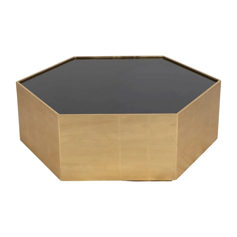 Table basse hexagonale moderne en bois doré avec plateau en verre - 48 x 42 x 16