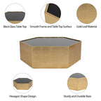 Table basse hexagonale moderne en bois doré avec plateau en verre - 48 x 42 x 16