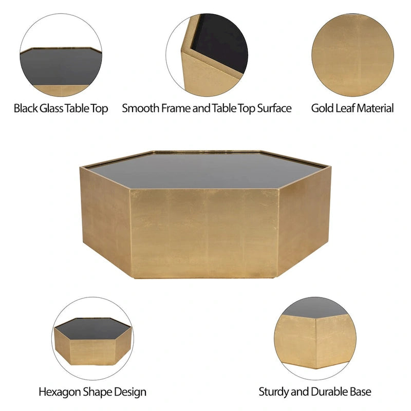 Table basse hexagonale moderne en bois doré avec plateau en verre - 48 x 42 x 16